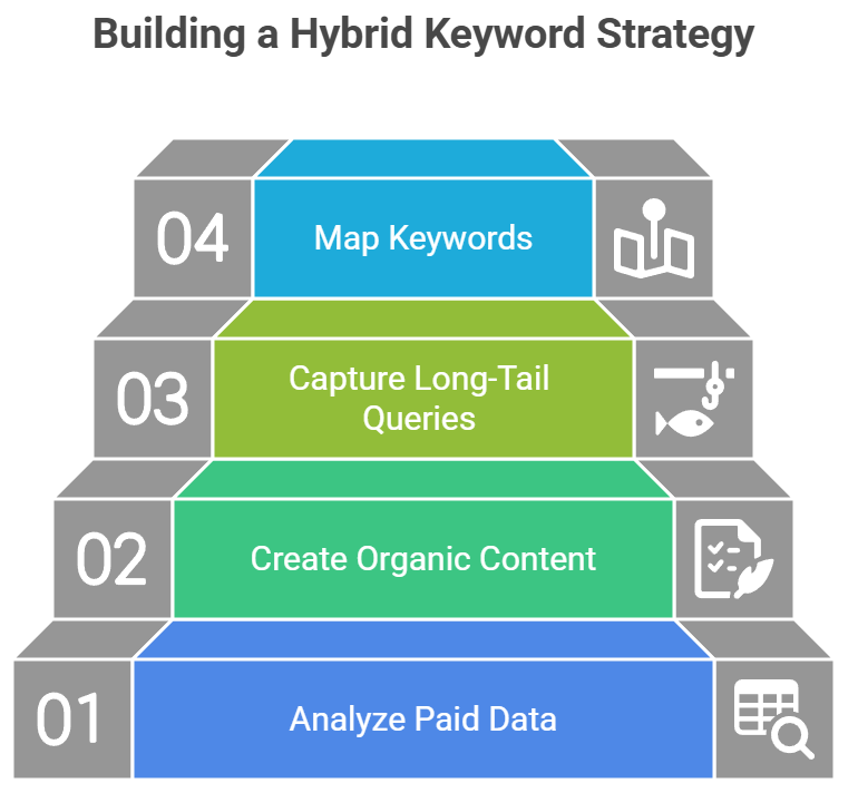 Step-by-step diagram showing a hybrid keyword strategy, starting with analyzing paid data, creating organic content, capturing long-tail queries, and mapping keywords for full SEO coverage.