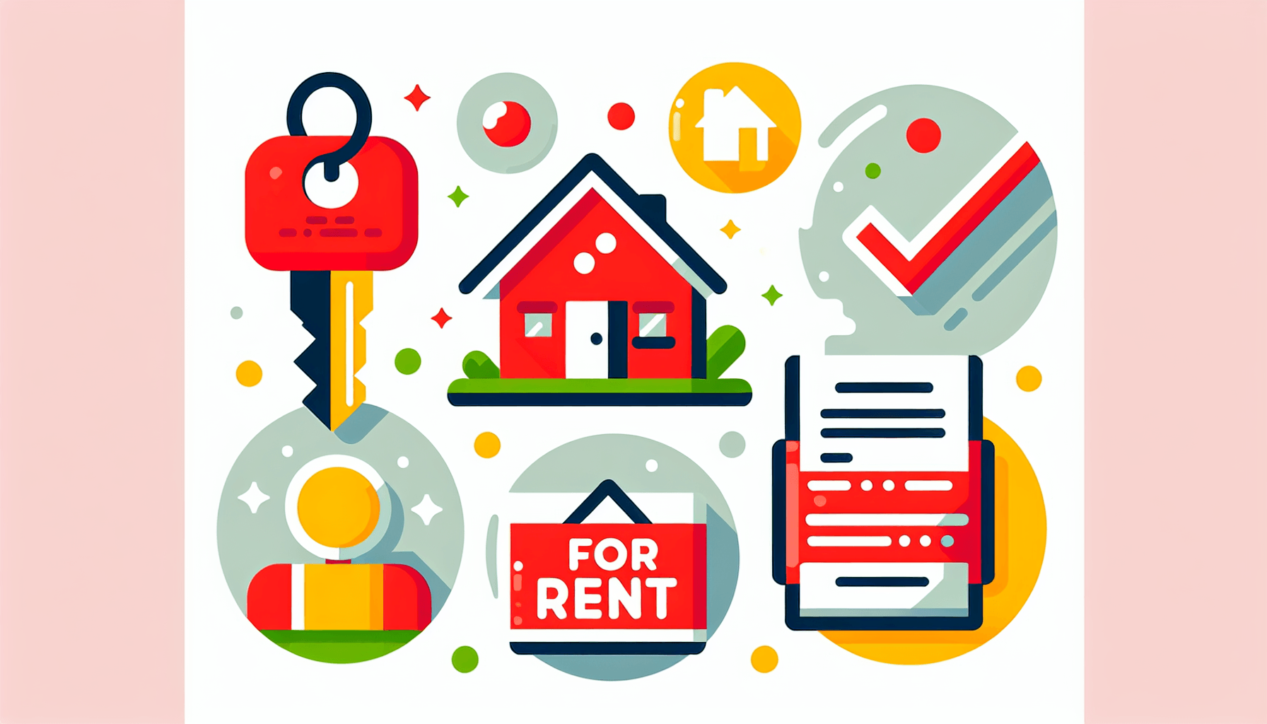 Property management -> Key in flat illustration style and white background, red #f47574, green #88c7a8, yellow #fcc44b, and blue #645bc8 colors.