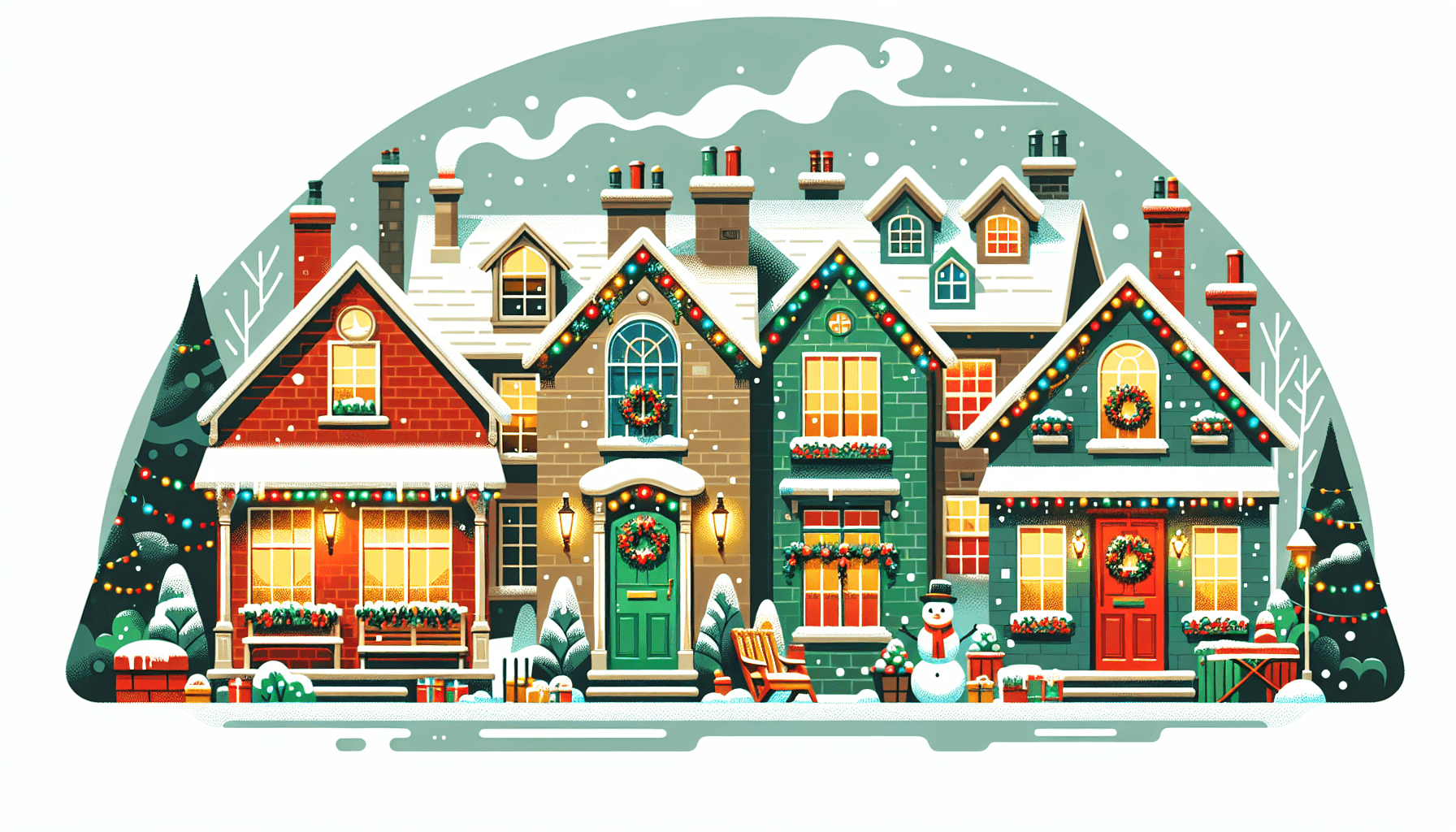 Holiday homes in flat illustration style and white background, red #f47574, green #88c7a8, yellow #fcc44b, and blue #645bc8 colors.
