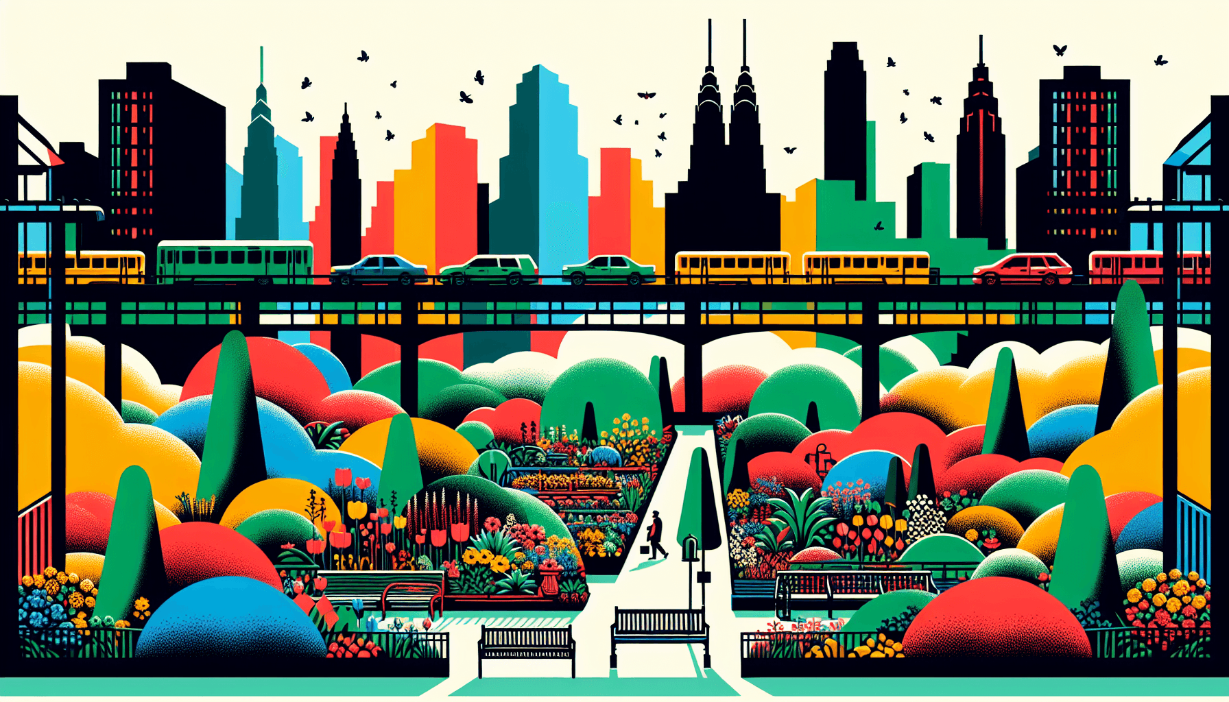 Urban garden in flat illustration style and white background, red #f47574, green #88c7a8, yellow #fcc44b, and blue #645bc8 colors.