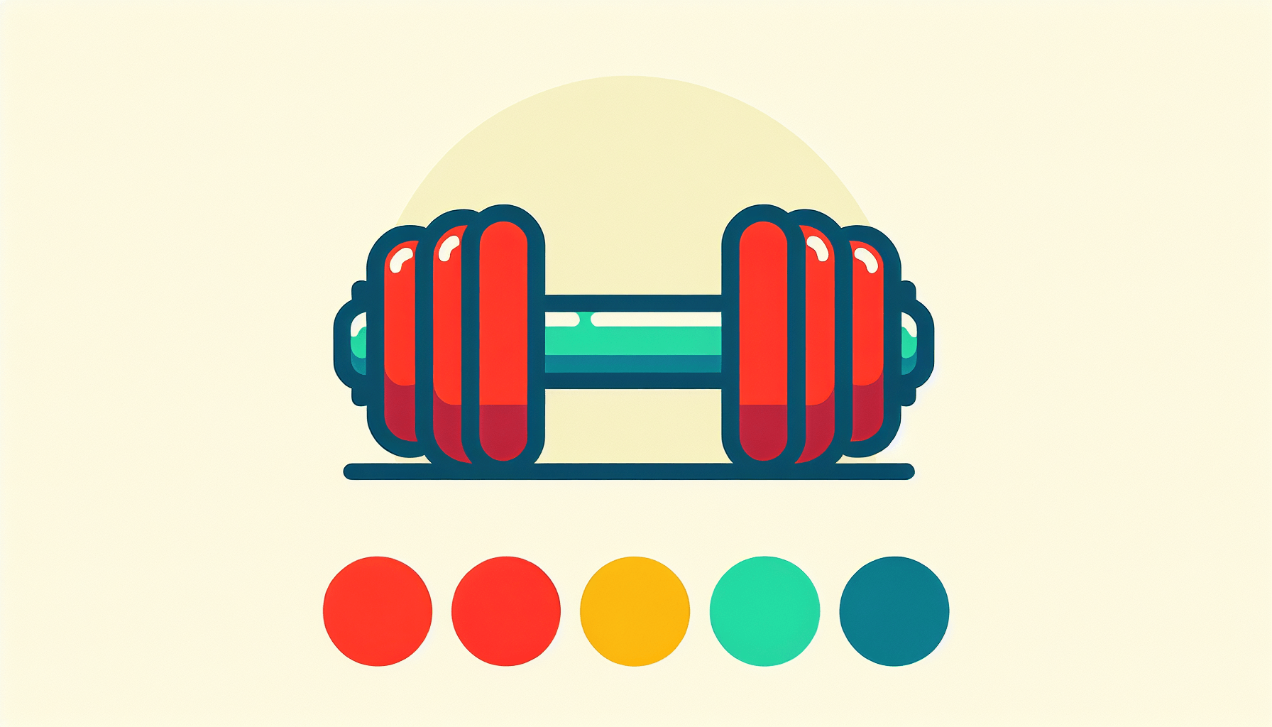 Physical fitness -> Dumbbell in flat illustration style and white background, red #f47574, green #88c7a8, yellow #fcc44b, and blue #645bc8 colors.