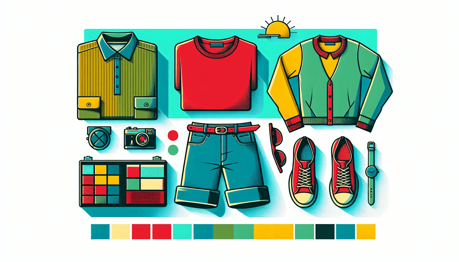 Retro clothing in flat illustration style and white background, red #f47574, green #88c7a8, yellow #fcc44b, and blue #645bc8 colors.