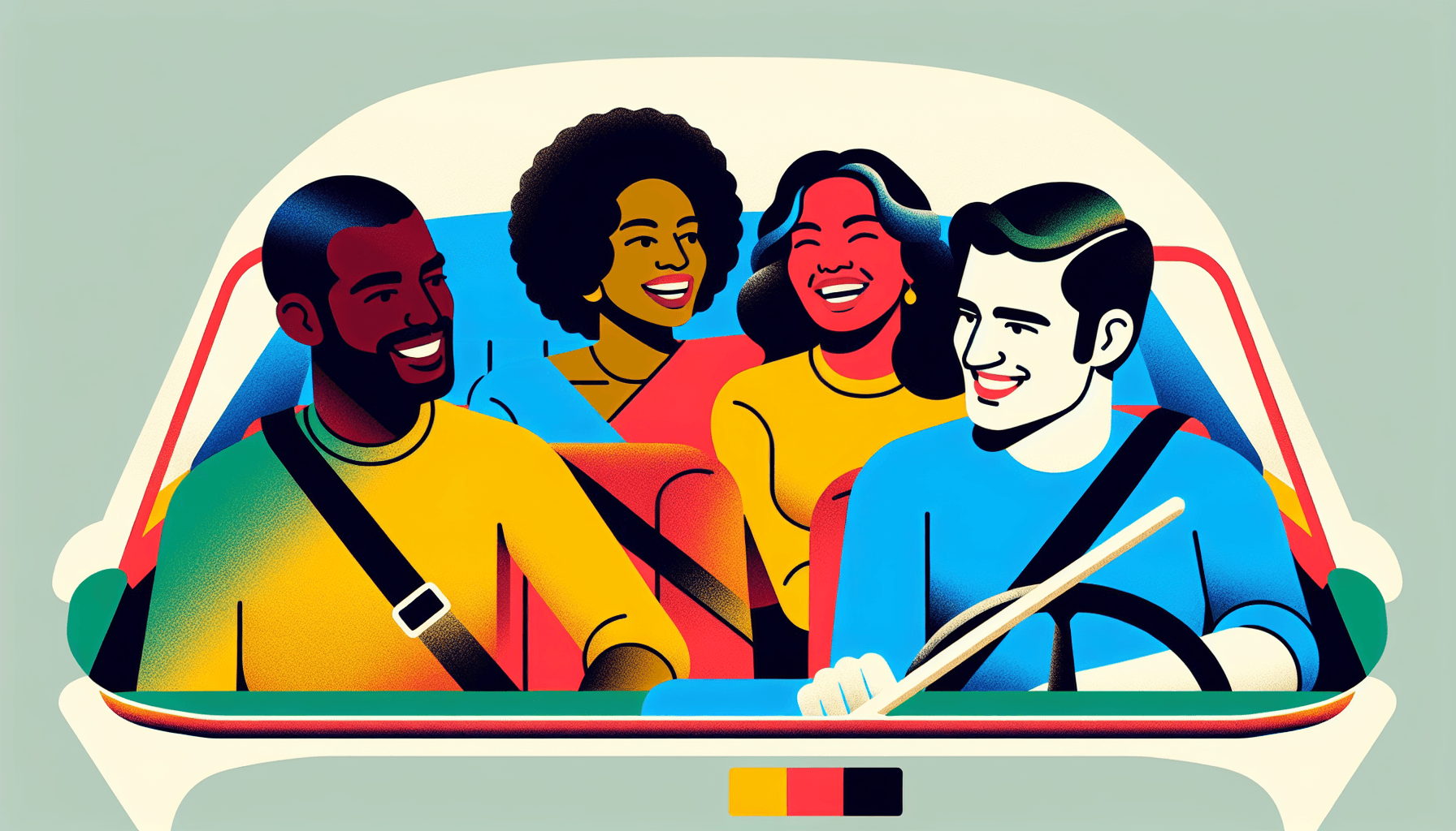 Carpooling in flat illustration style and white background, red #f47574, green #88c7a8, yellow #fcc44b, and blue #645bc8 colors.