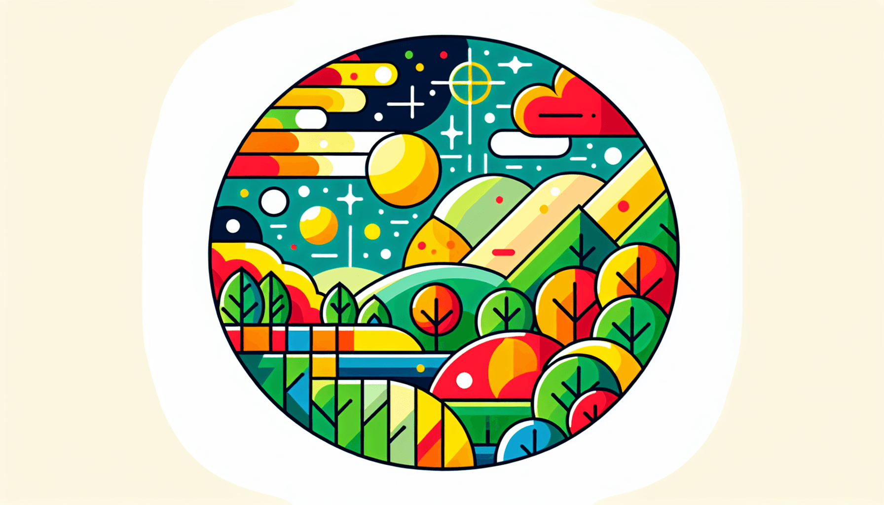 Digital world in flat illustration style and white background, red #f47574, green #88c7a8, yellow #fcc44b, and blue #645bc8 colors.