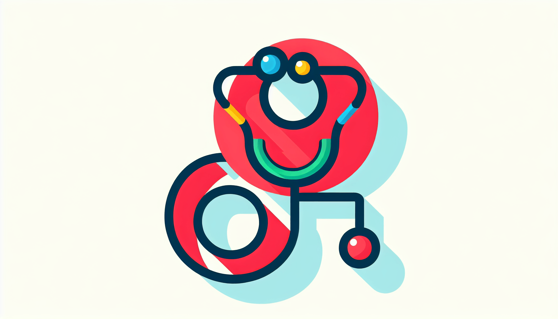 Health -> Stethoscope in flat illustration style and white background, red #f47574, green #88c7a8, yellow #fcc44b, and blue #645bc8 colors.