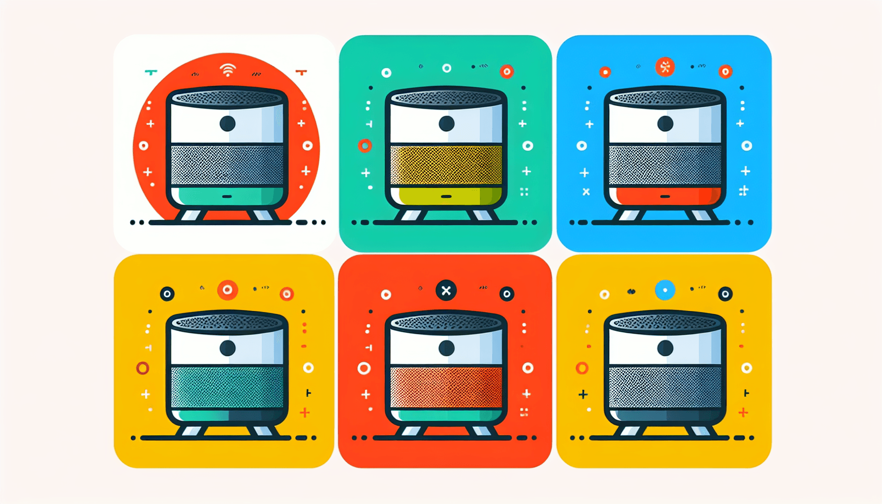Smart speakers in flat illustration style and white background, red #f47574, green #88c7a8, yellow #fcc44b, and blue #645bc8 colors.