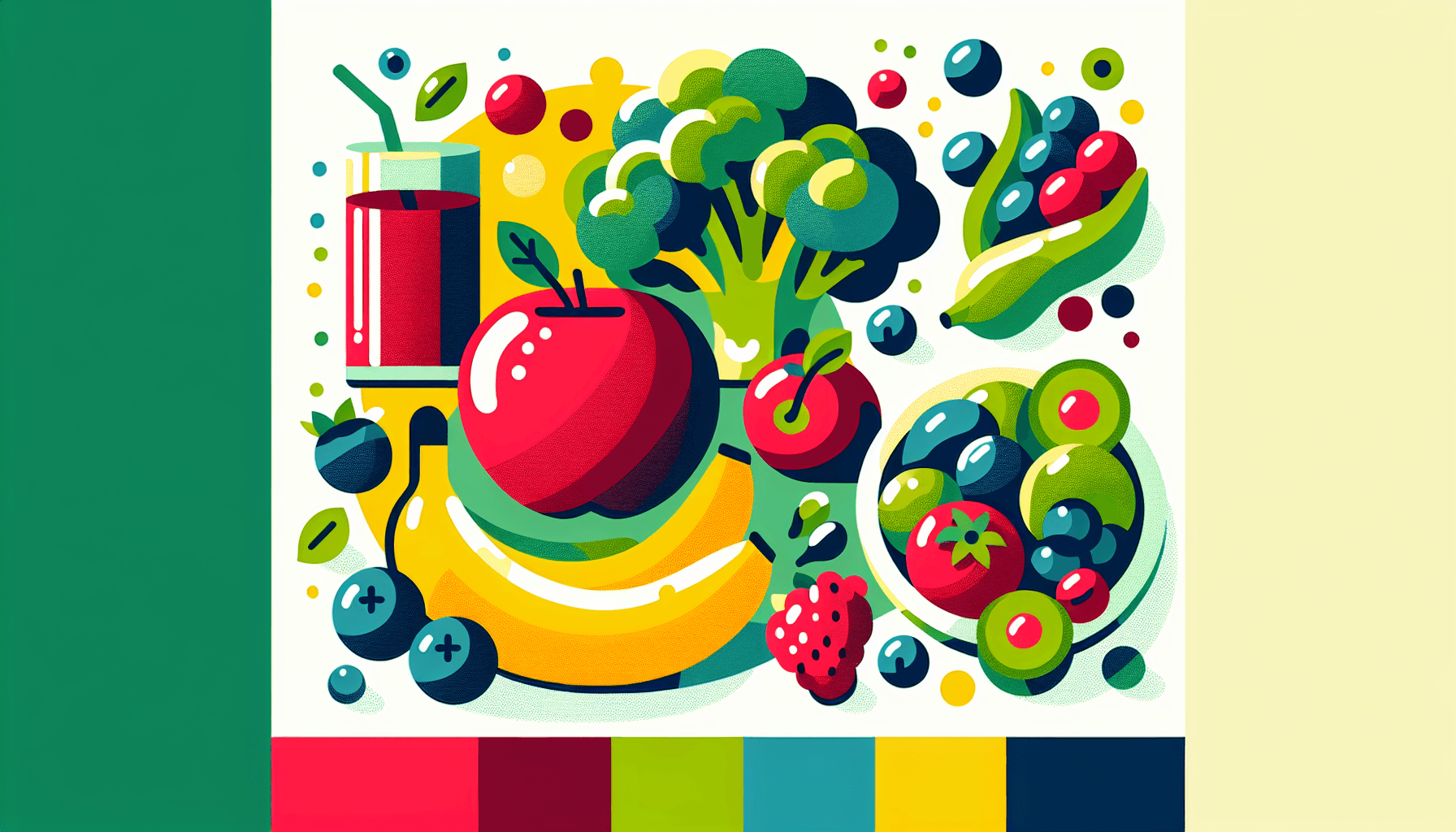 Plant-based foods in flat illustration style and white background, red #f47574, green #88c7a8, yellow #fcc44b, and blue #645bc8 colors.