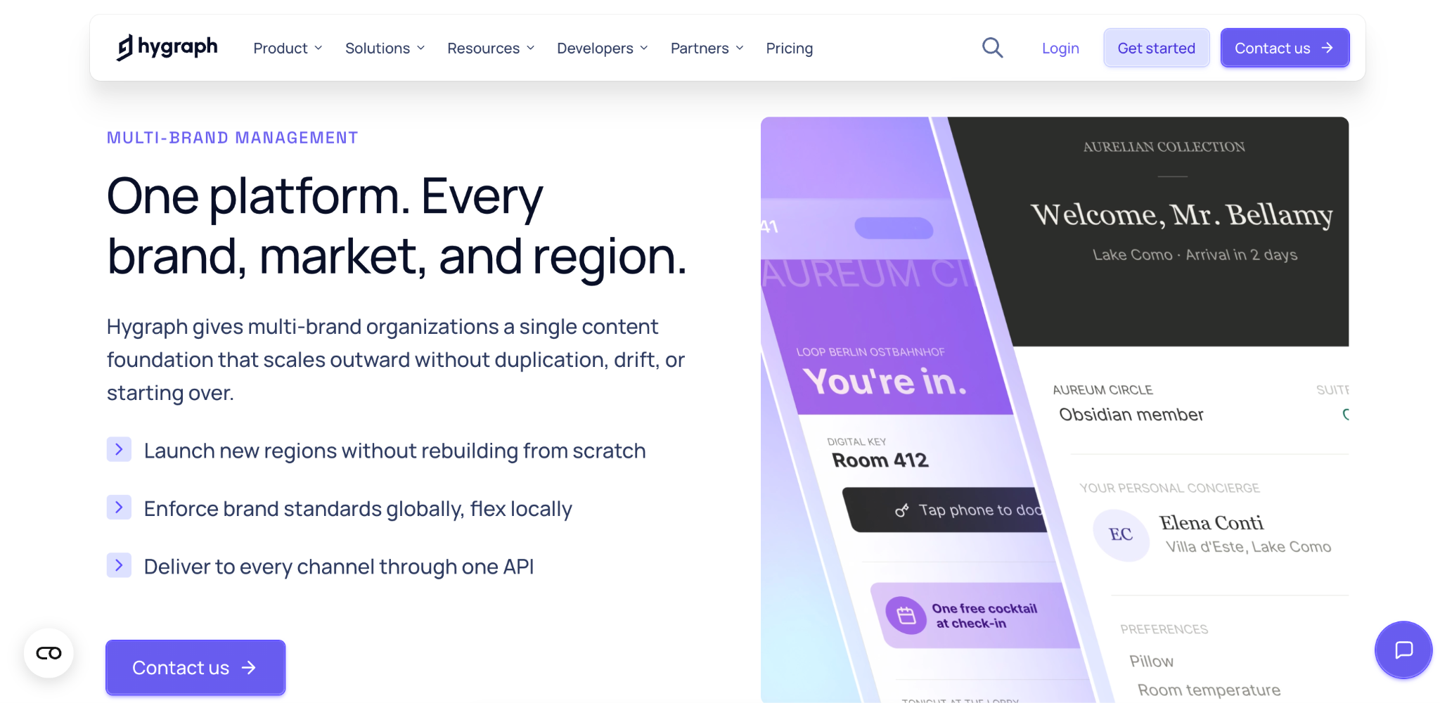 Hygraph CMS platform demonstrating centralized multi-brand content management across brands, markets, and regions