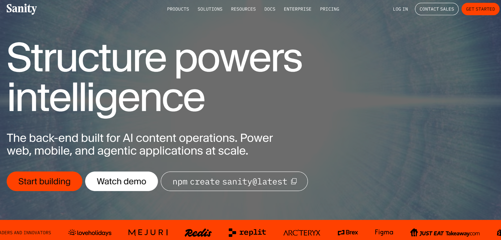 Sanity CMS homepage highlighting structured content management and AI-powered content operations for web and mobile applications