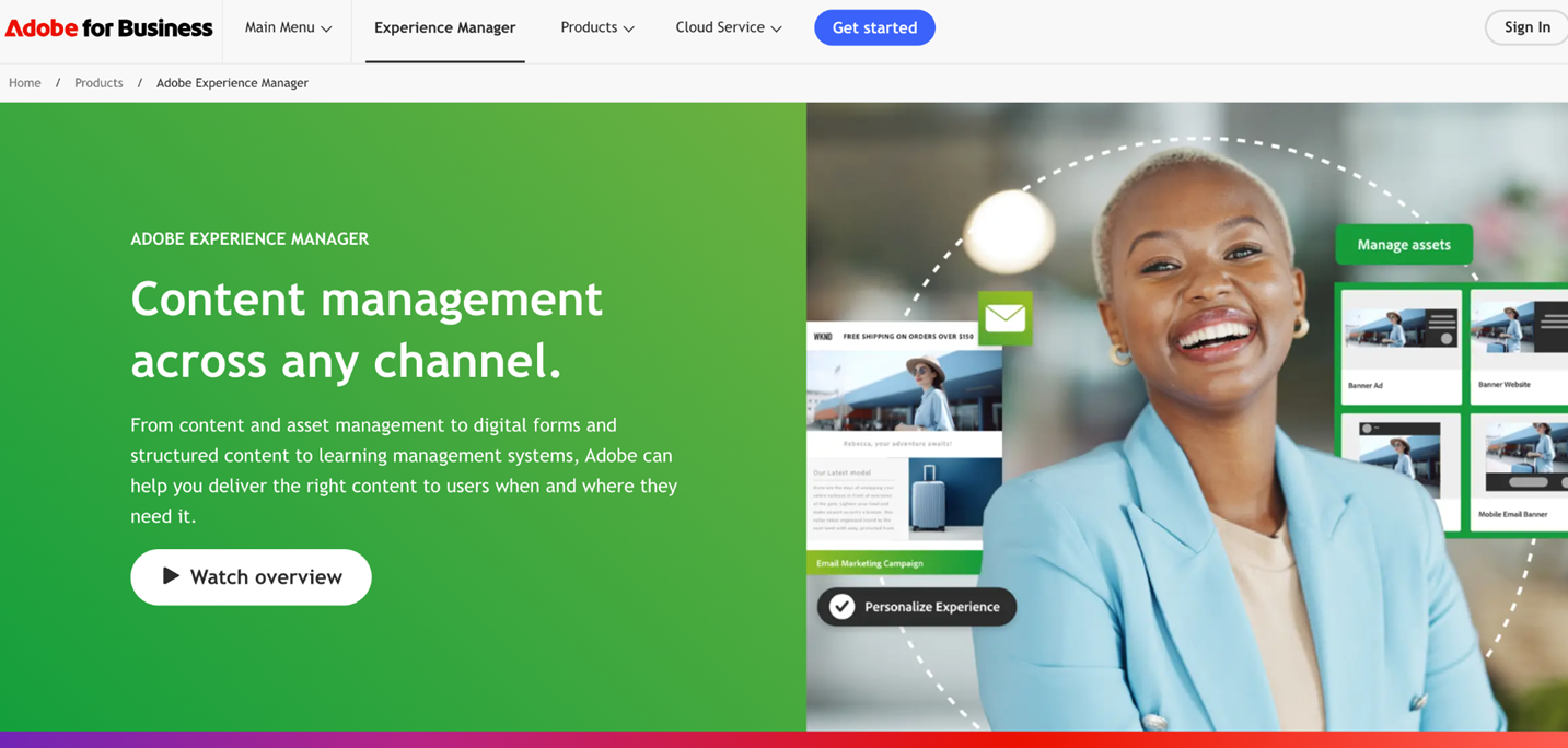 Adobe Experience Manager interface highlighting omnichannel content management, digital asset management, and personalized customer experiences